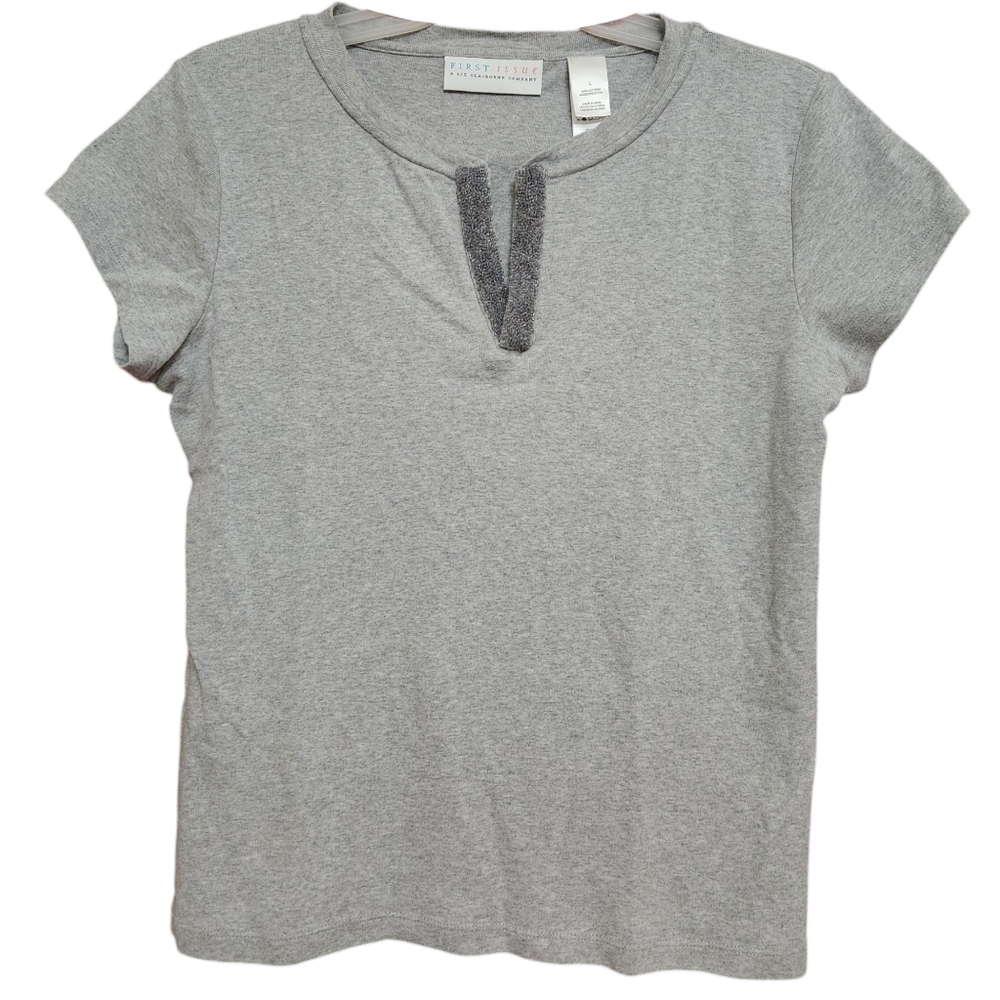 FIRST ISSUE by LIZ CLAIBORNE Shirt Womens Size Large Gray Top Beaded